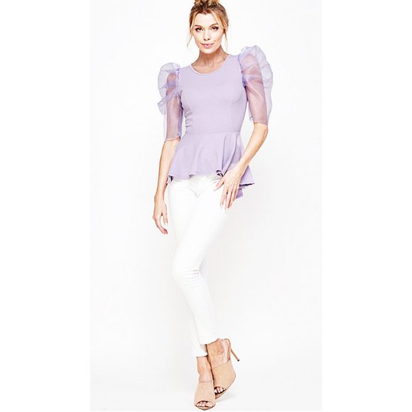 Retro Sheer Puff Romantic Lavender Blouse Top - Picture 2 of 7